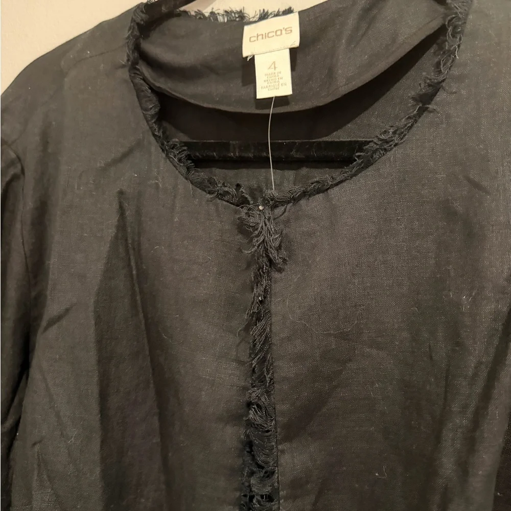 Chico's Linen Black Fringe Trim Bell-Sleeve Jacket - Picture 13 of 16